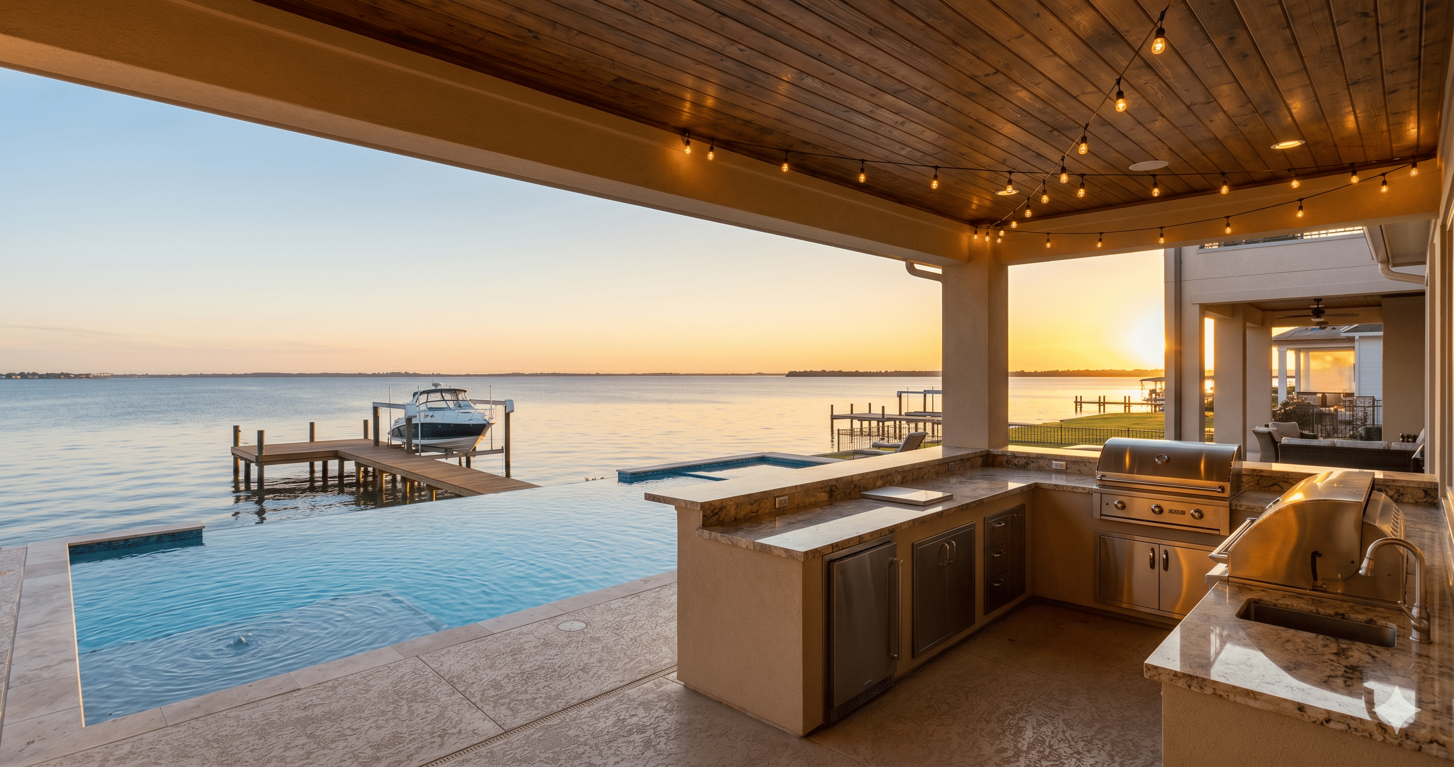 Waterfront outdoor living space with dock and pool in League City TX